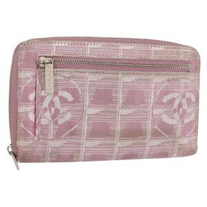 CHANEL New Travel Line Zip Around Long Wallet Nylon Pink Silver CC Auth bs31593